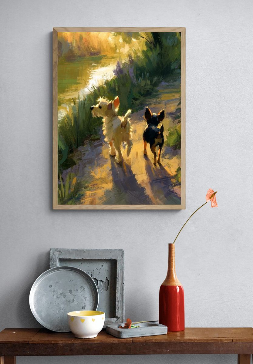 Dogs on Sunlit Path Illustration Poster. — room view 3
