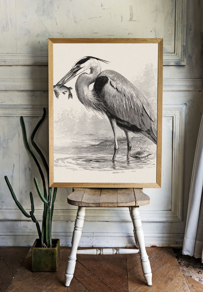Heron Fishing Ink Print. — room view 1