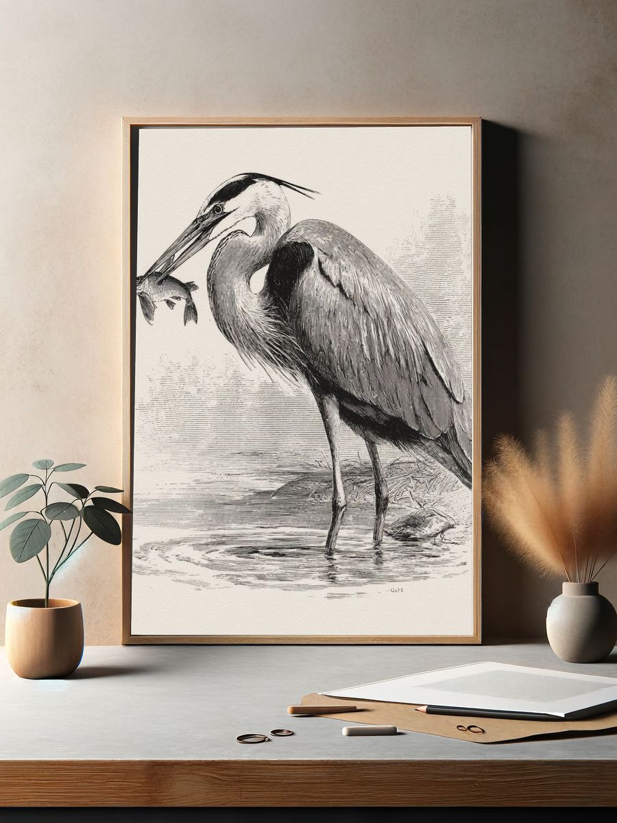 Heron Fishing Ink Print. — room view 2