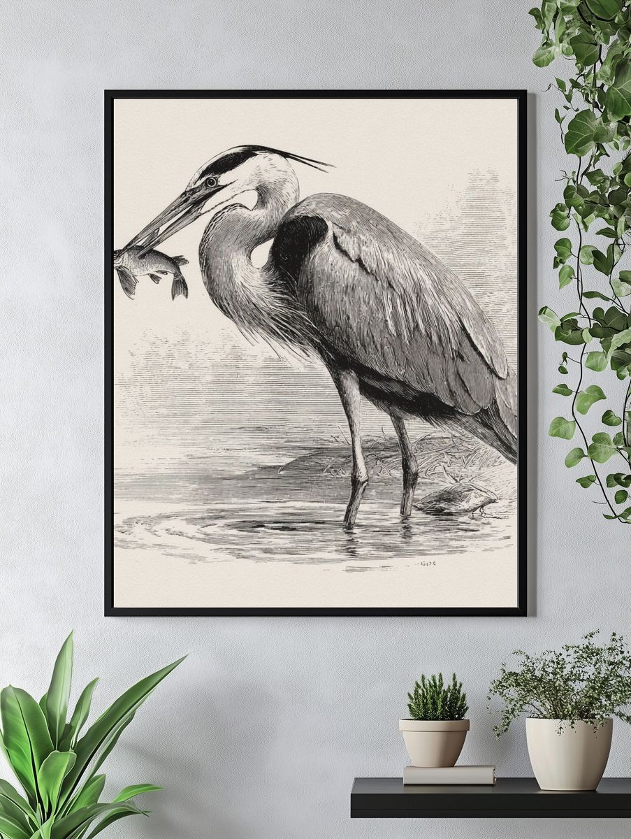 Heron Fishing Ink Print. — room view 4