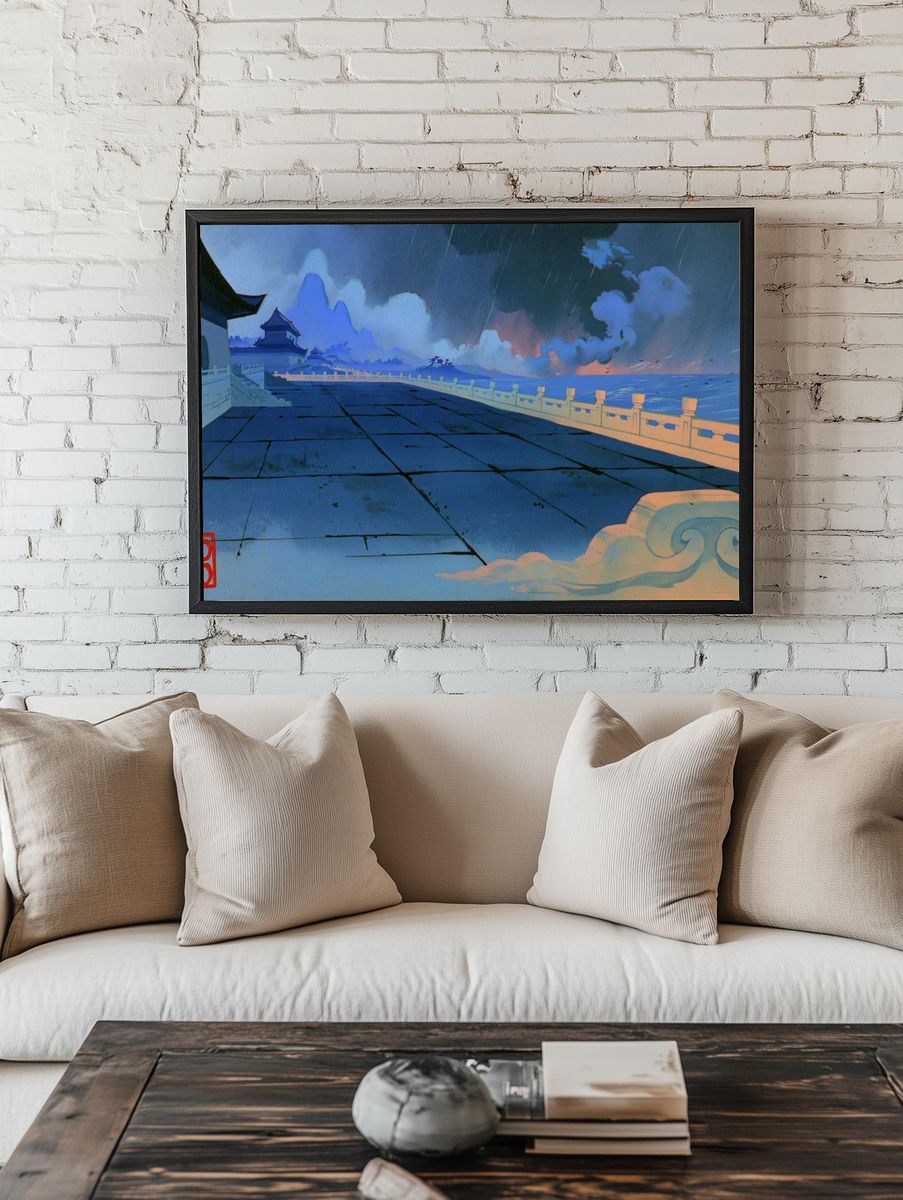 Rainy Temple Terrace Anime Print. room preview