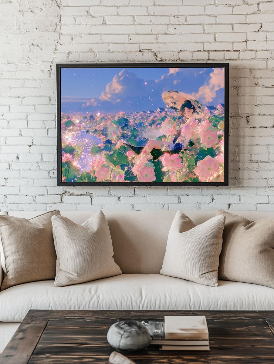 Lotus Girl Dreamscape Illustration Poster. room preview