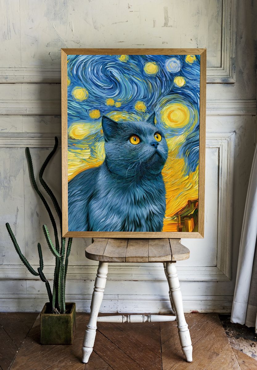 Starry Cat Illustration Poster. room preview