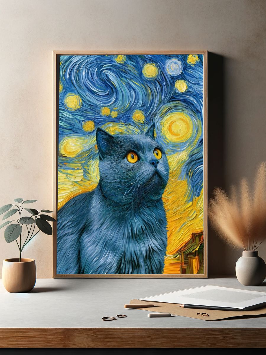 Starry Cat Illustration Poster. — room view 2