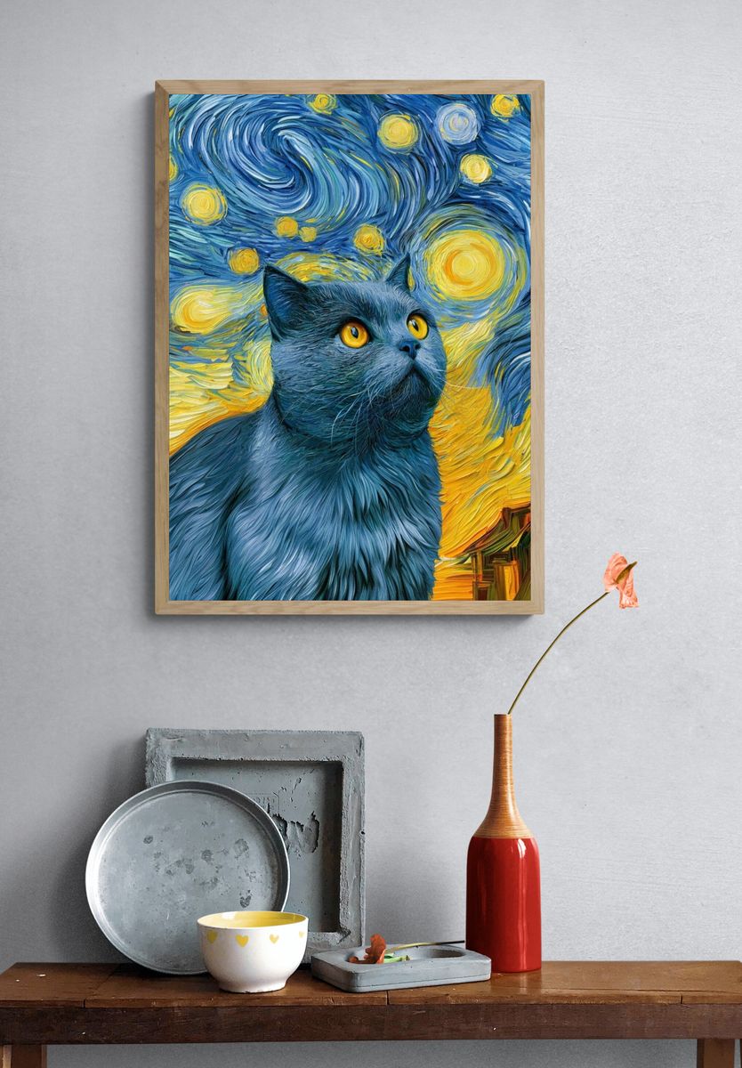 Starry Cat Illustration Poster. — room view 3