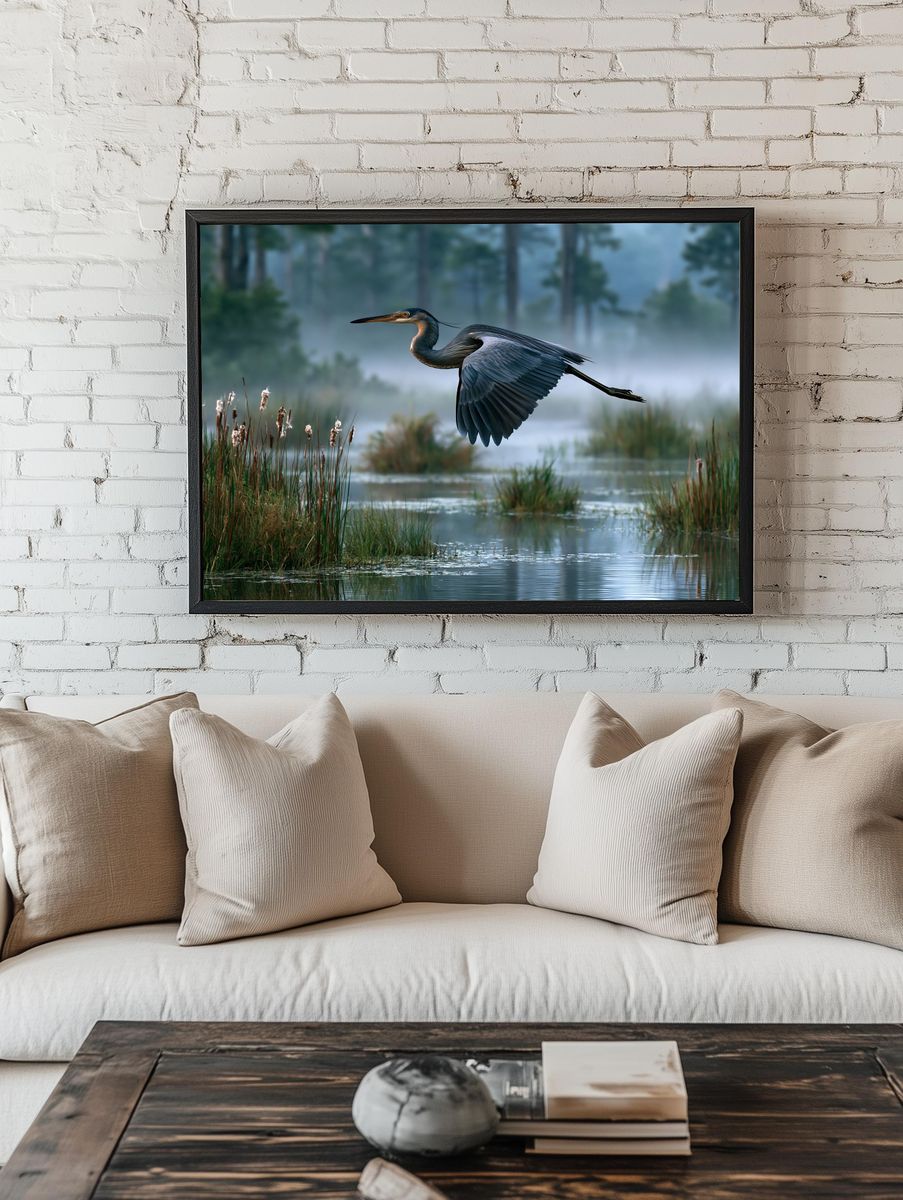 Great Blue Heron Marsh Poster. room preview