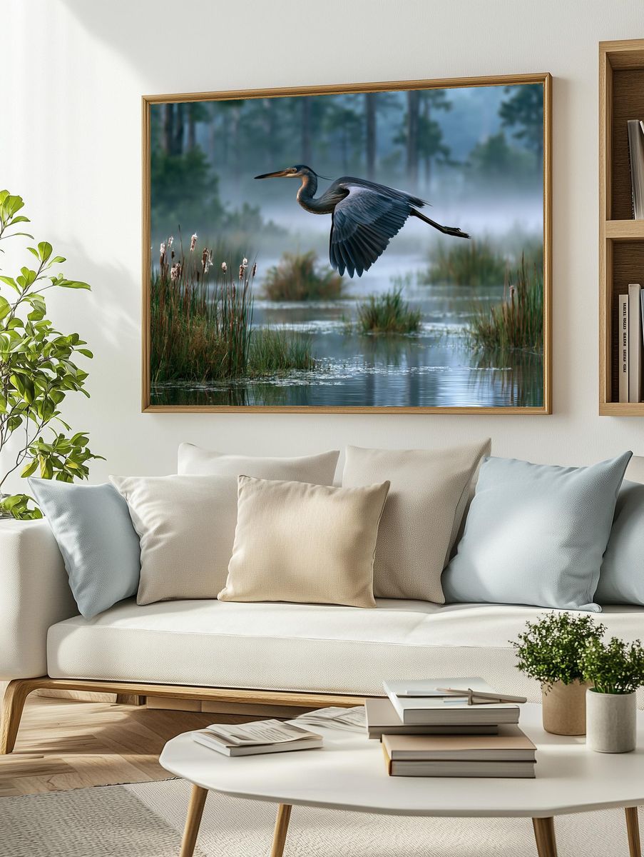 Great Blue Heron Marsh Poster. — room view 2