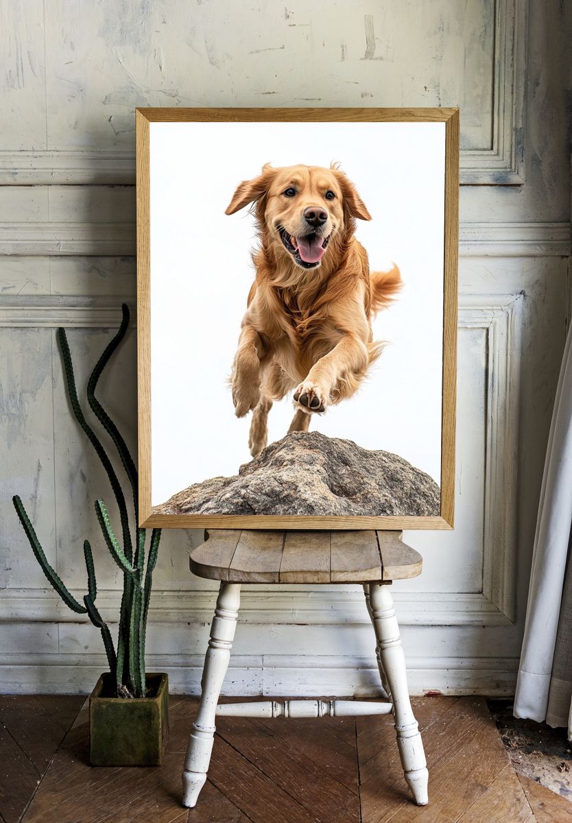 Golden Retriever Jumping Photography Poster. room preview