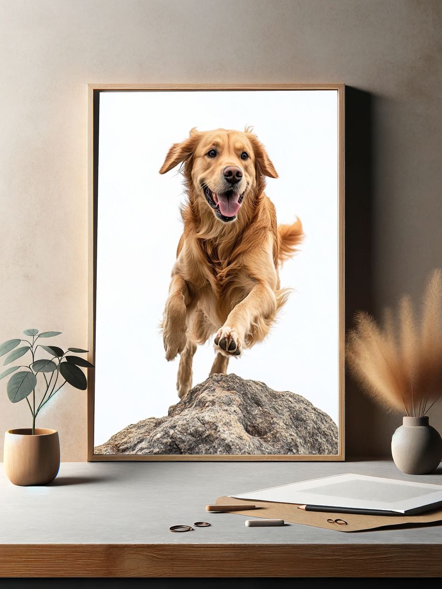 Golden Retriever Jumping Photography Poster. — room view 2