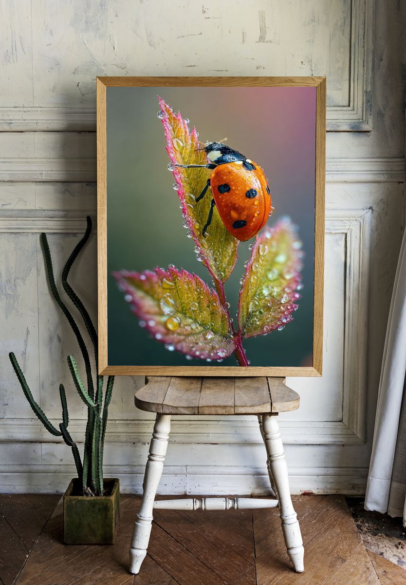 Ladybug on Dewy Leaves Photography Poster. room preview