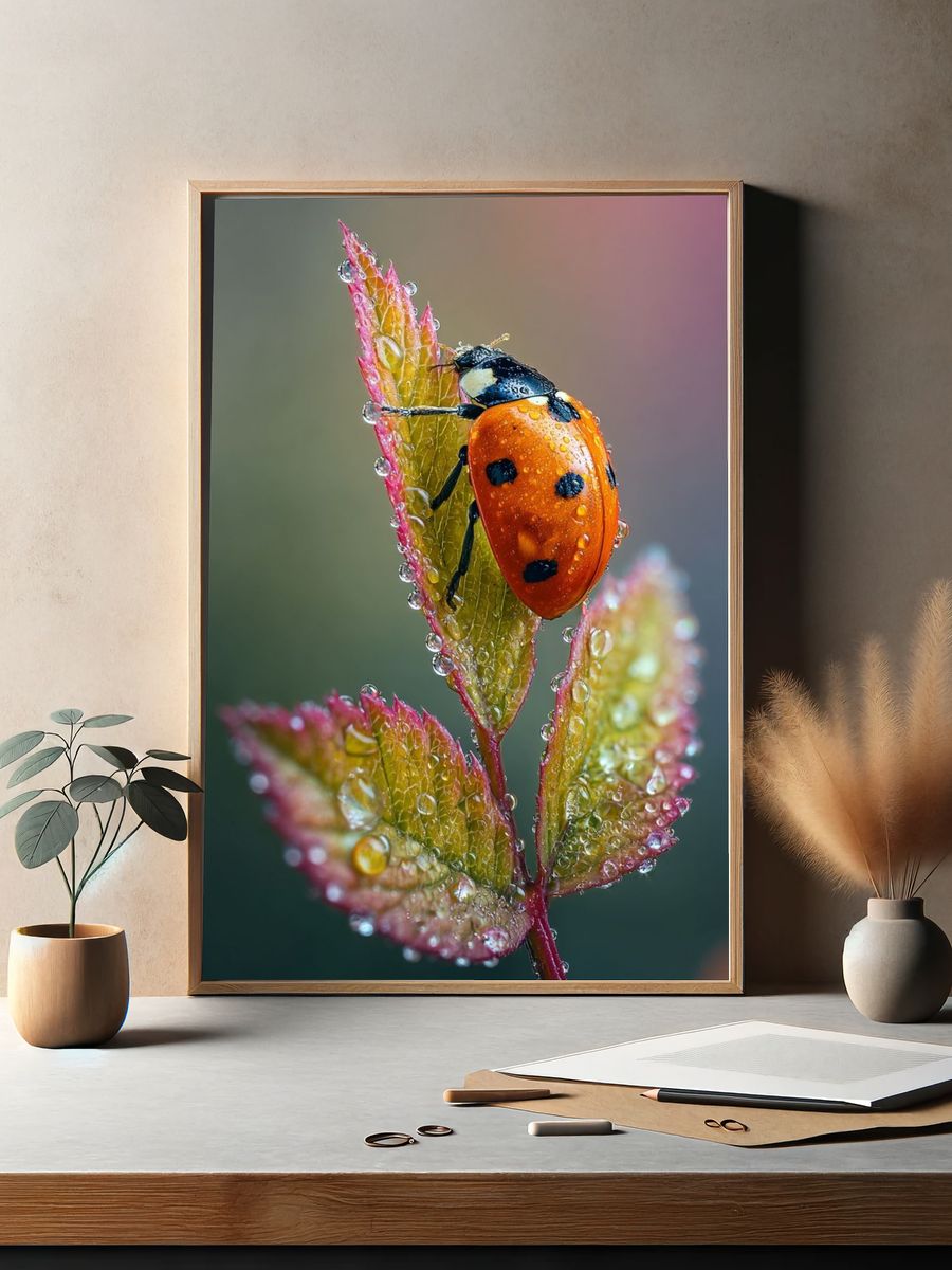 Ladybug on Dewy Leaves Photography Poster. — room view 2