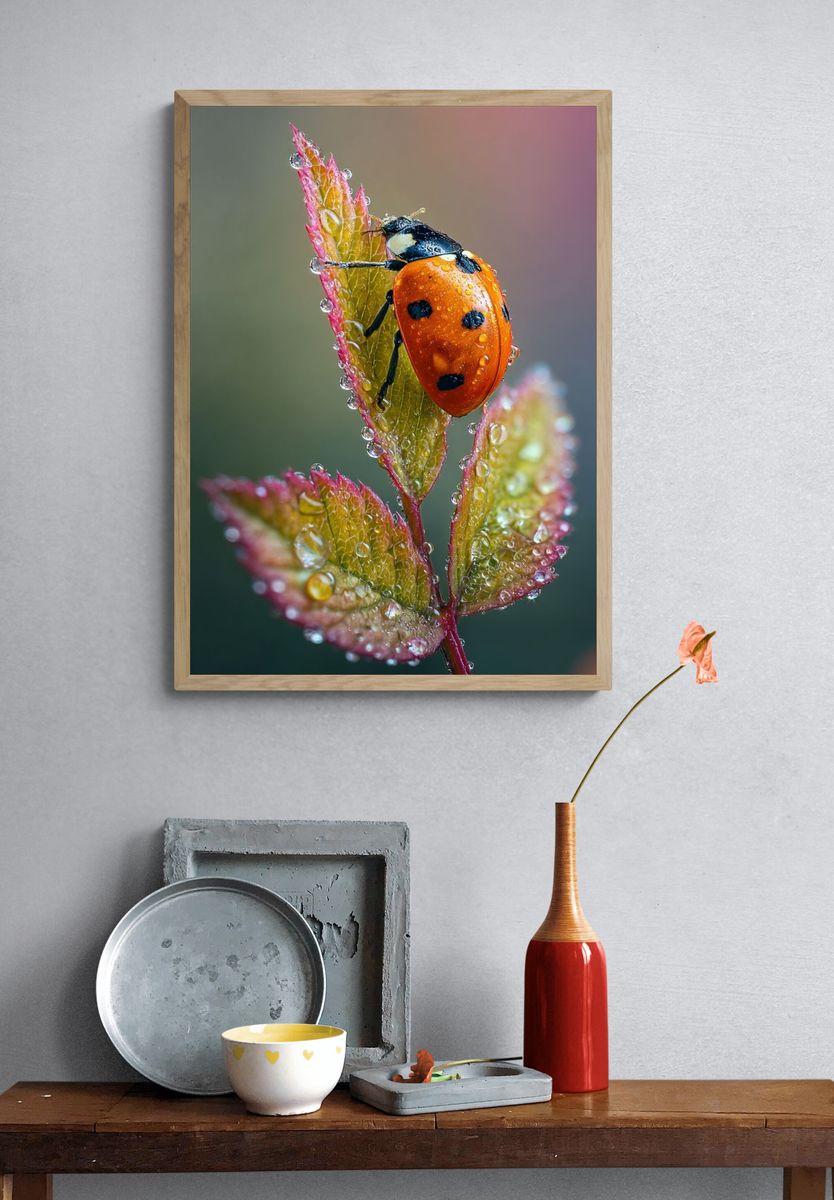 Ladybug on Dewy Leaves Photography Poster. — room view 3