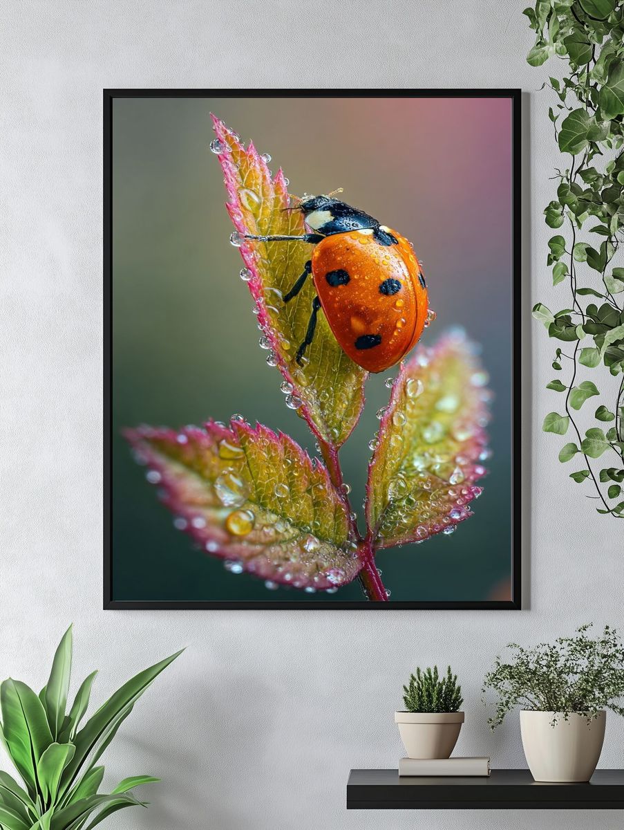 Ladybug on Dewy Leaves Photography Poster. — room view 4