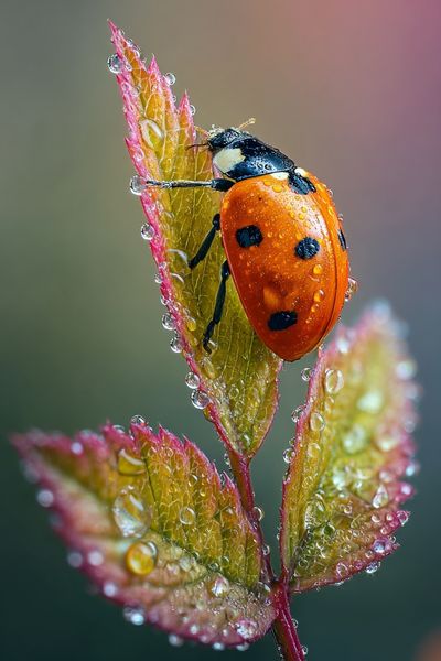 Ladybug on Dewy Leaves Photography Poster.