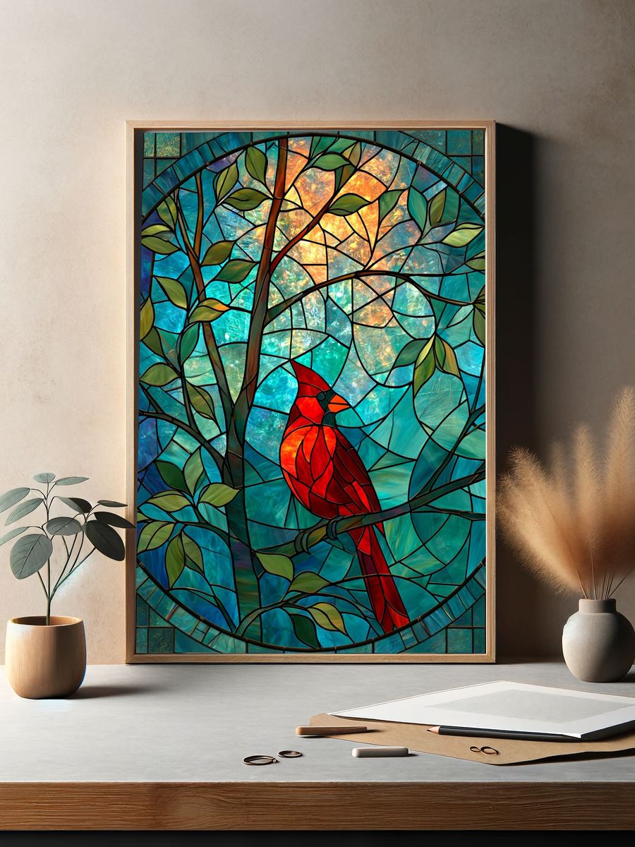 Cardinal in Stained Glass Poster. — room view 2