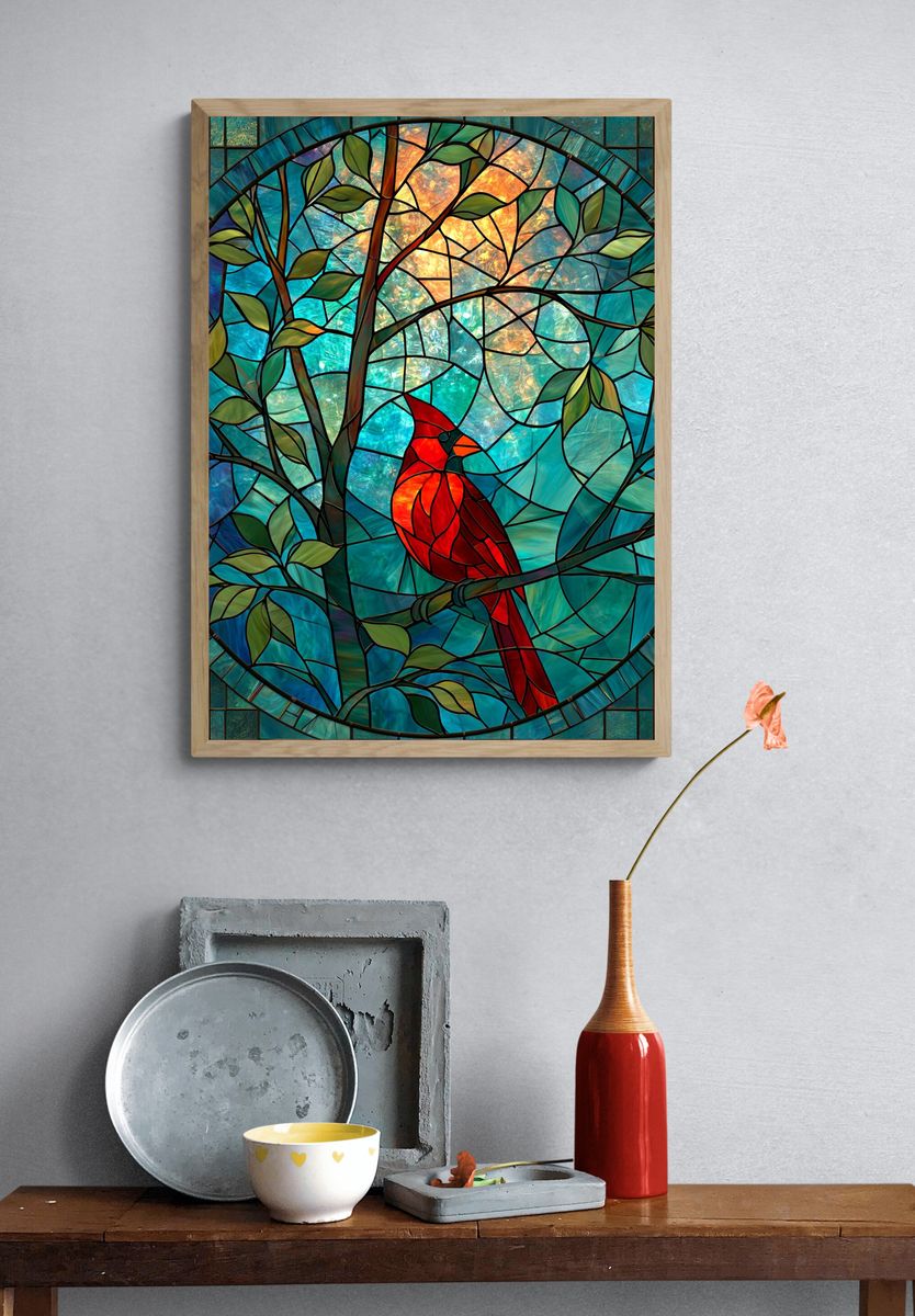 Cardinal in Stained Glass Poster. — room view 3