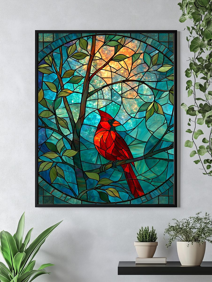 Cardinal in Stained Glass Poster. — room view 4
