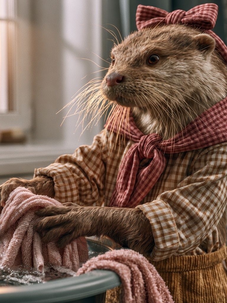 Otter in Kitchen Portrait Poster. poster detail