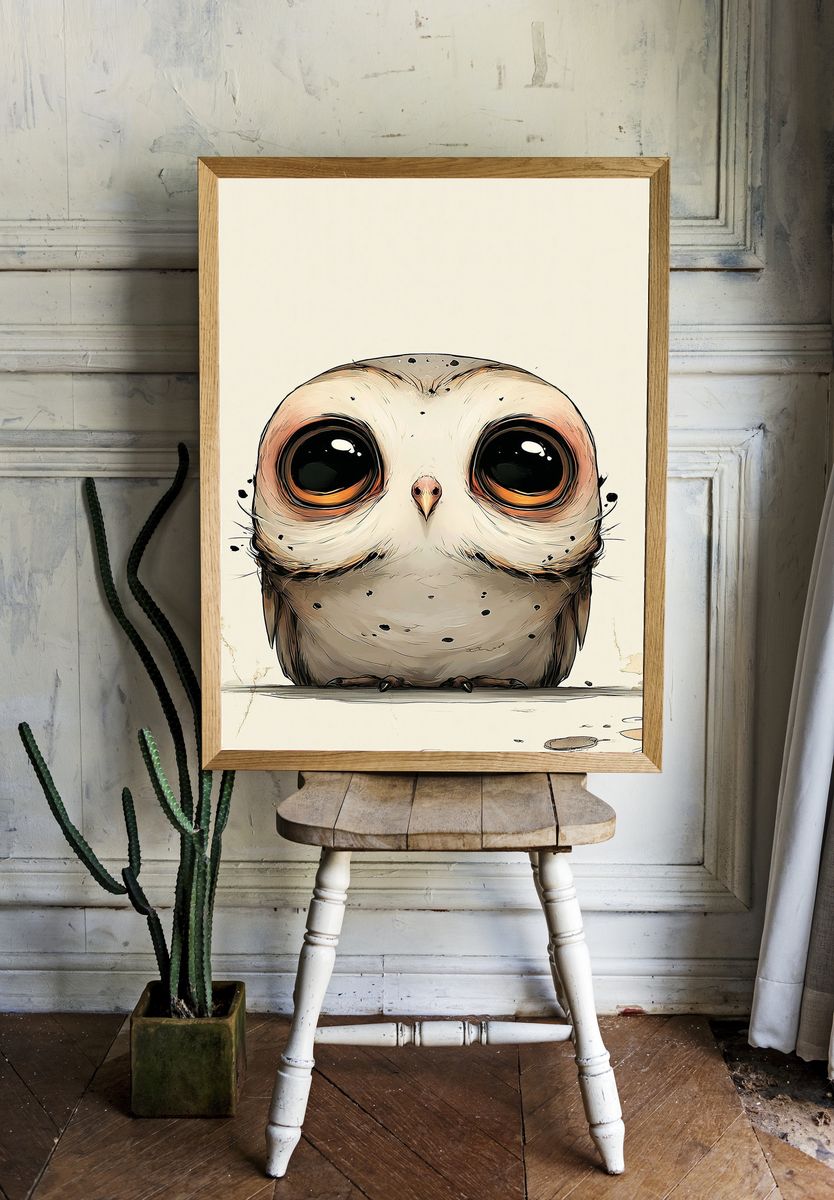 Wide-Eyed Owl Illustration Poster. — room view 1
