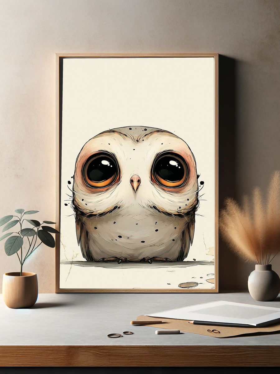 Wide-Eyed Owl Illustration Poster. — room view 2