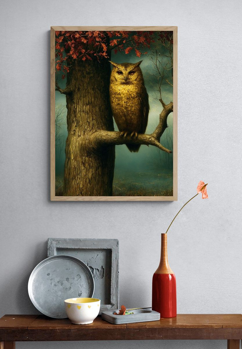 Owl in Autumn Forest Illustration Poster. — room view 3