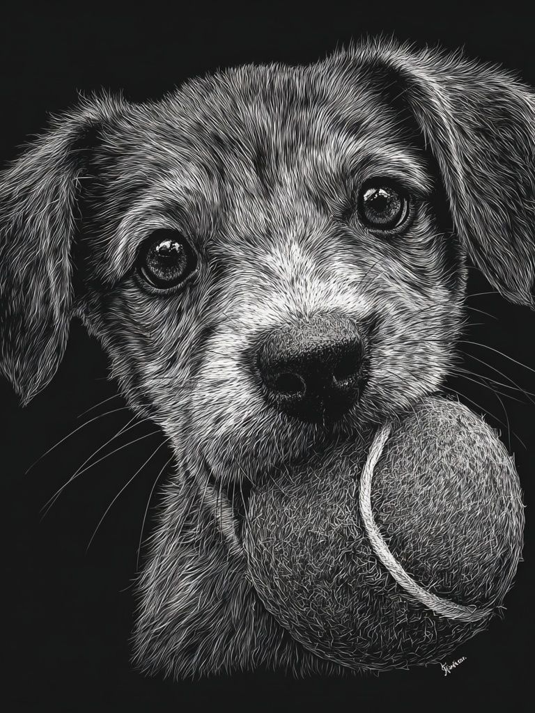Puppy with Tennis Ball Illustration Poster. poster detail