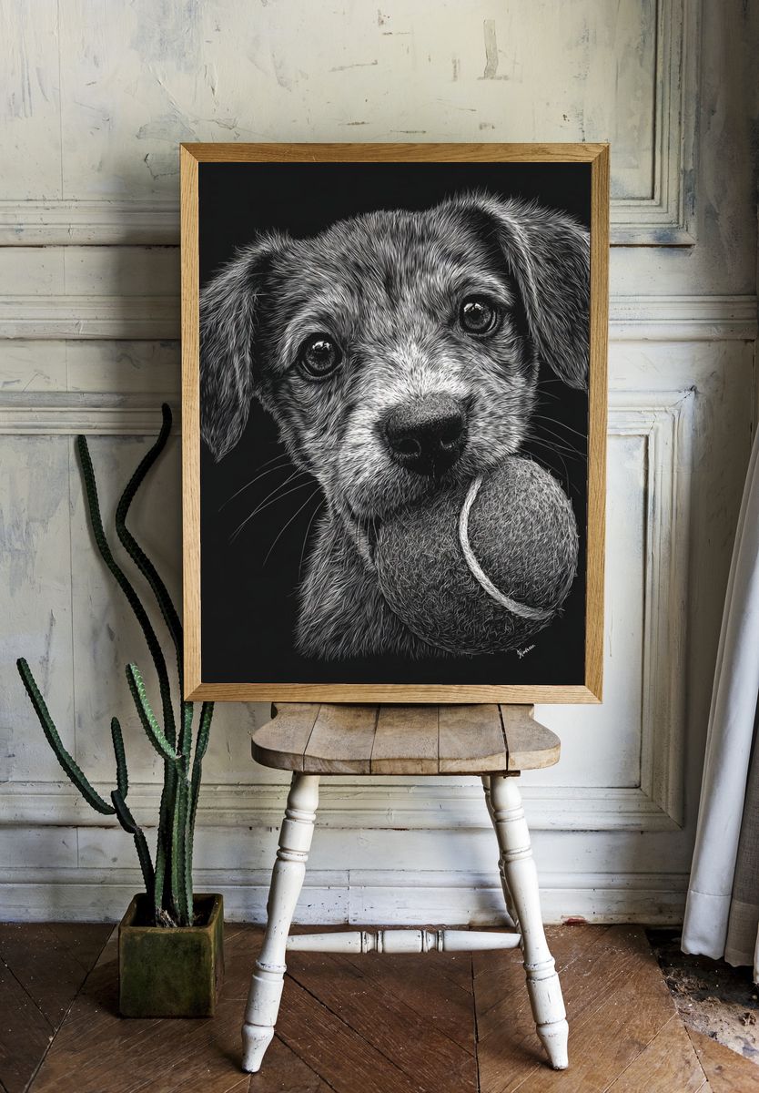 Puppy with Tennis Ball Illustration Poster. — room view 1