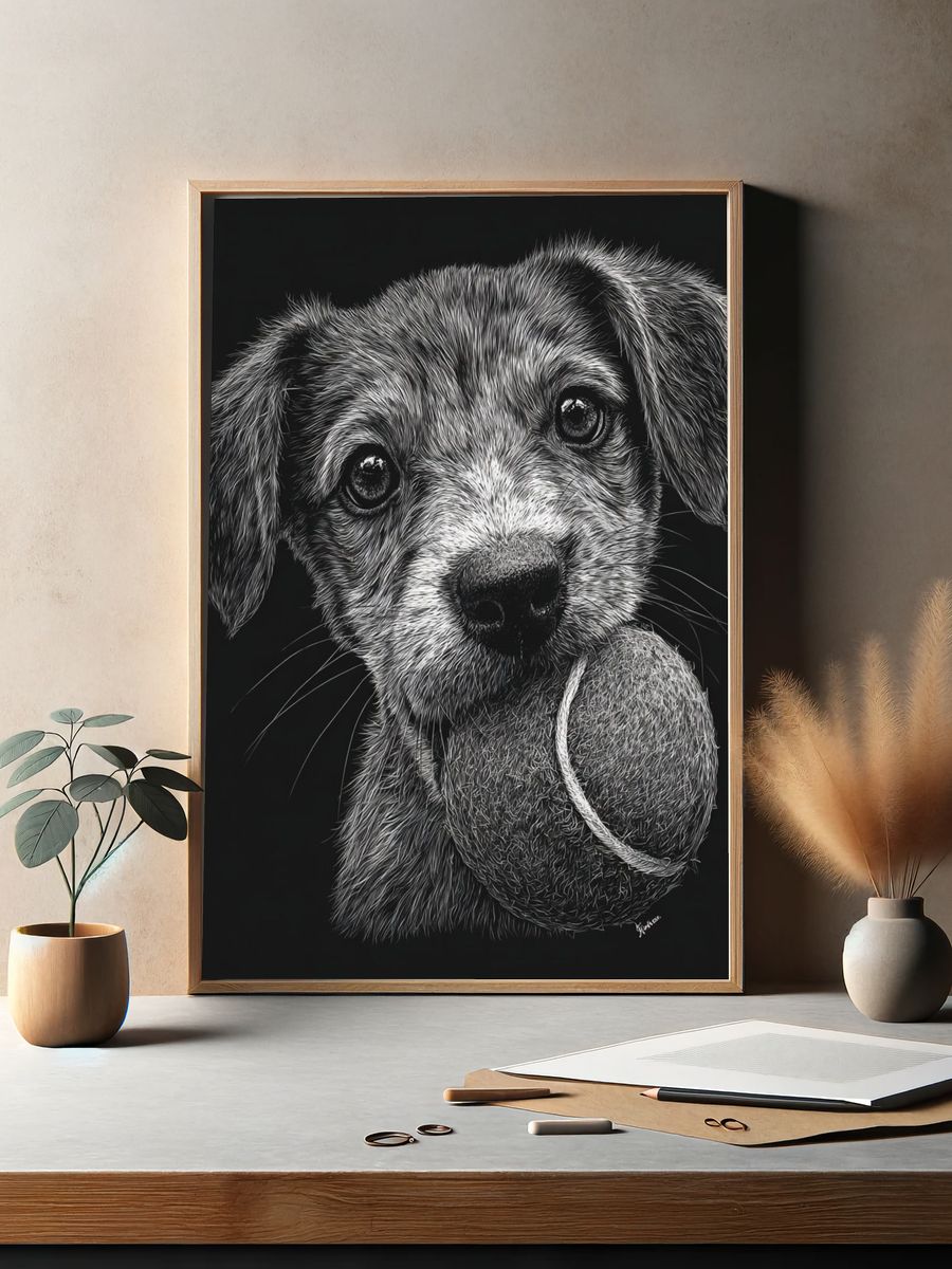 Puppy with Tennis Ball Illustration Poster. — room view 2