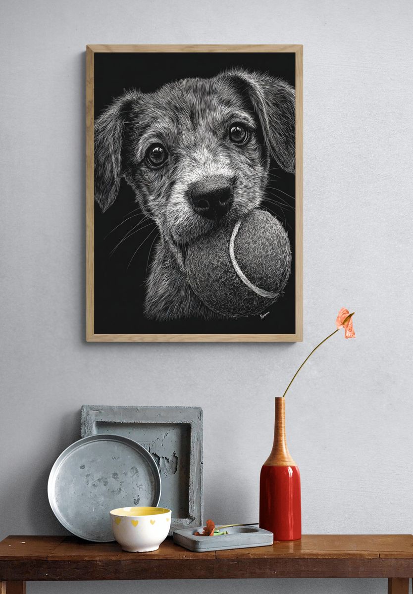 Puppy with Tennis Ball Illustration Poster. — room view 3