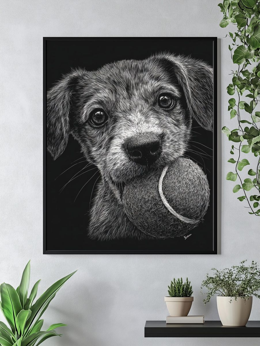 Puppy with Tennis Ball Illustration Poster. — room view 4
