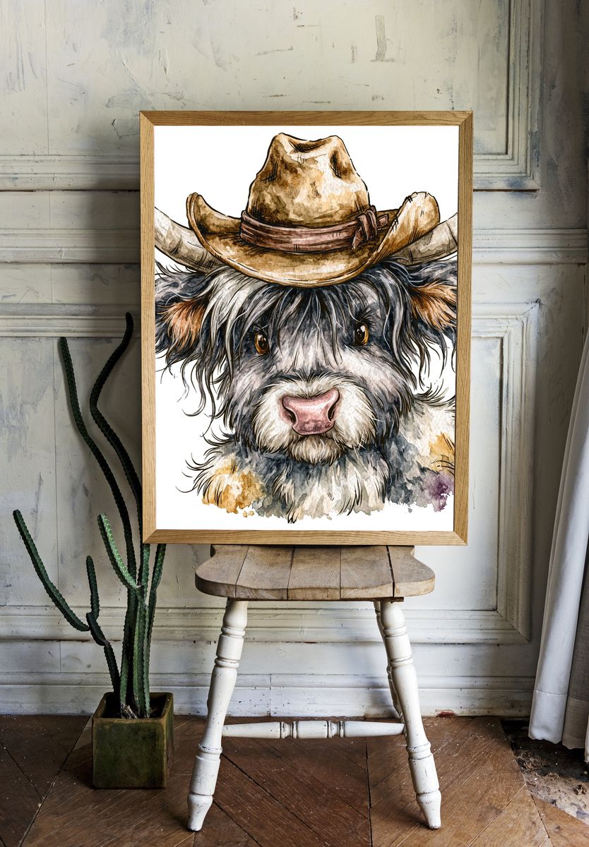 Cowboy Highland Cow Watercolor Poster. room preview