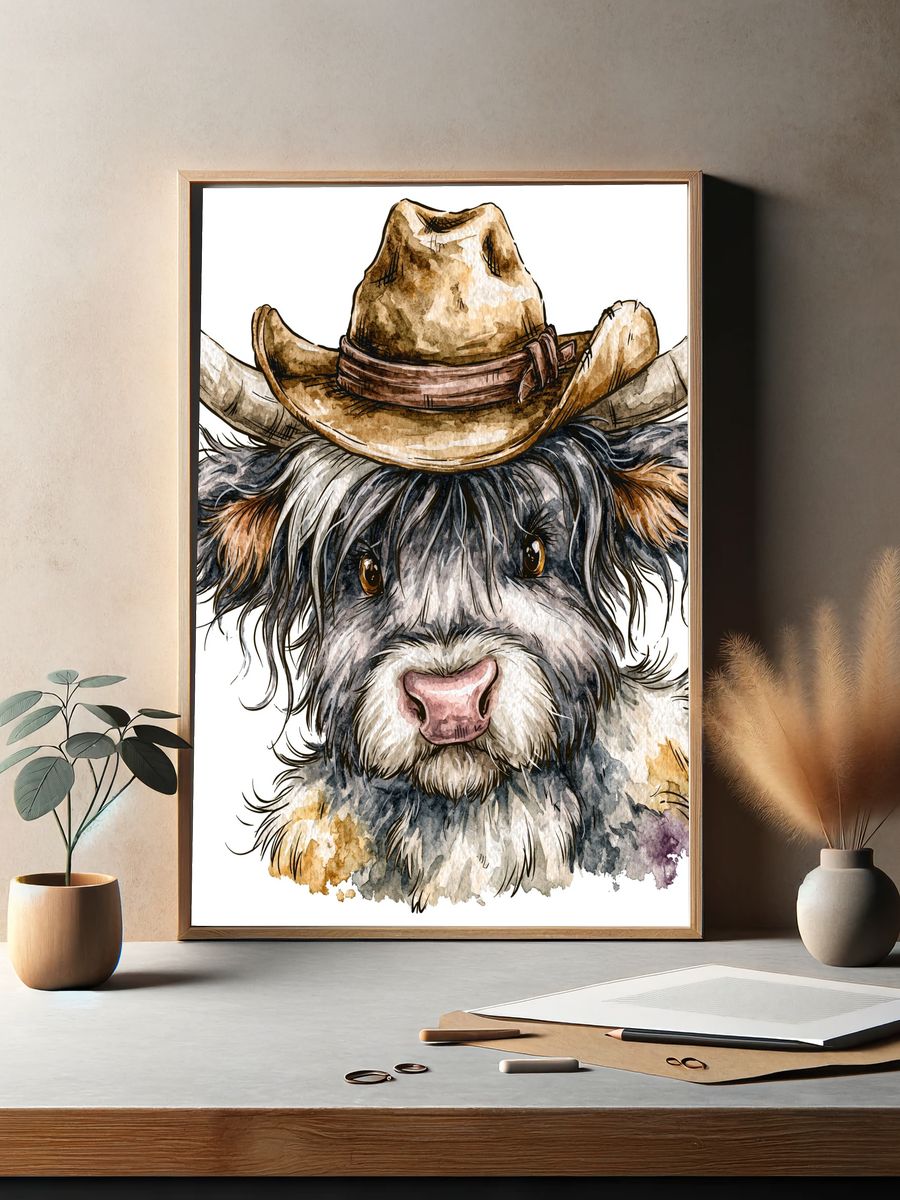 Cowboy Highland Cow Watercolor Poster. — room view 2