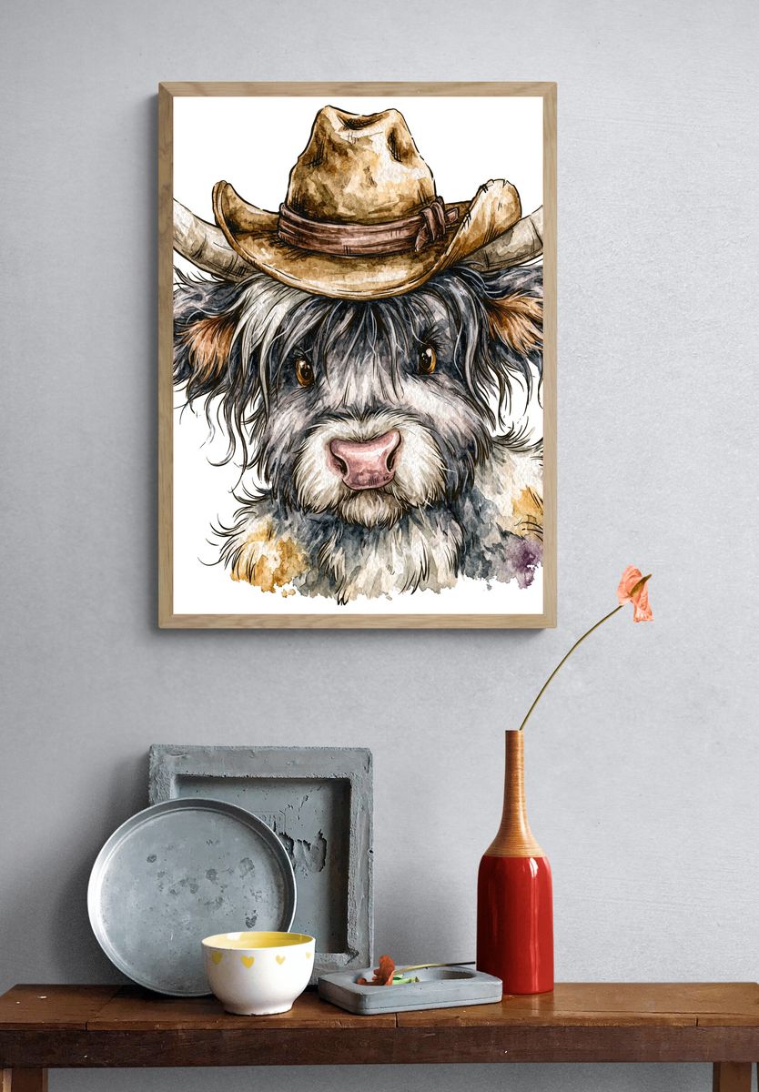 Cowboy Highland Cow Watercolor Poster. — room view 3