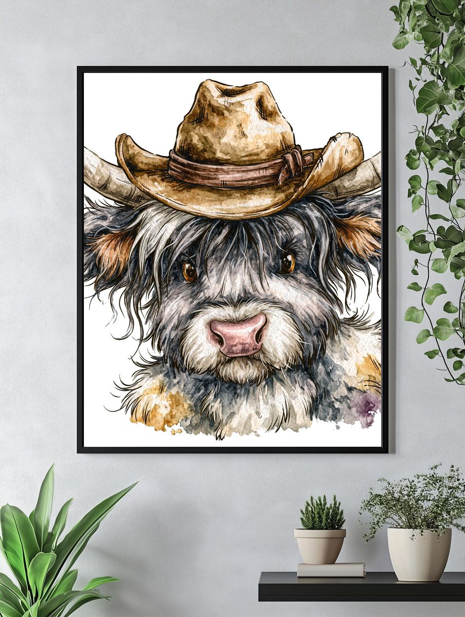 Cowboy Highland Cow Watercolor Poster. — room view 4