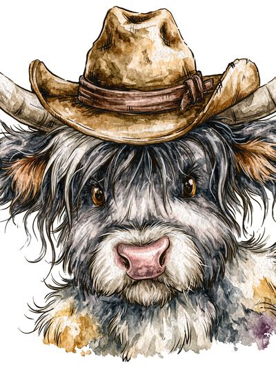 Cowboy Highland Cow Watercolor Poster.