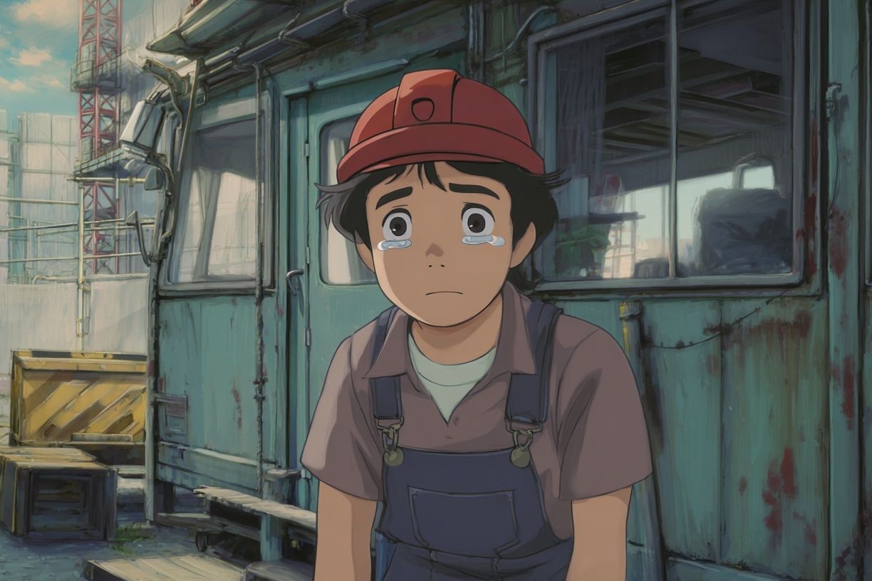Crying Boy at the Worksite Poster. poster — anime art