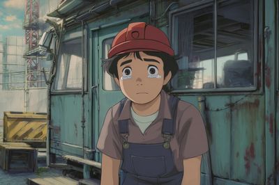 Crying Boy at the Worksite Poster. poster
