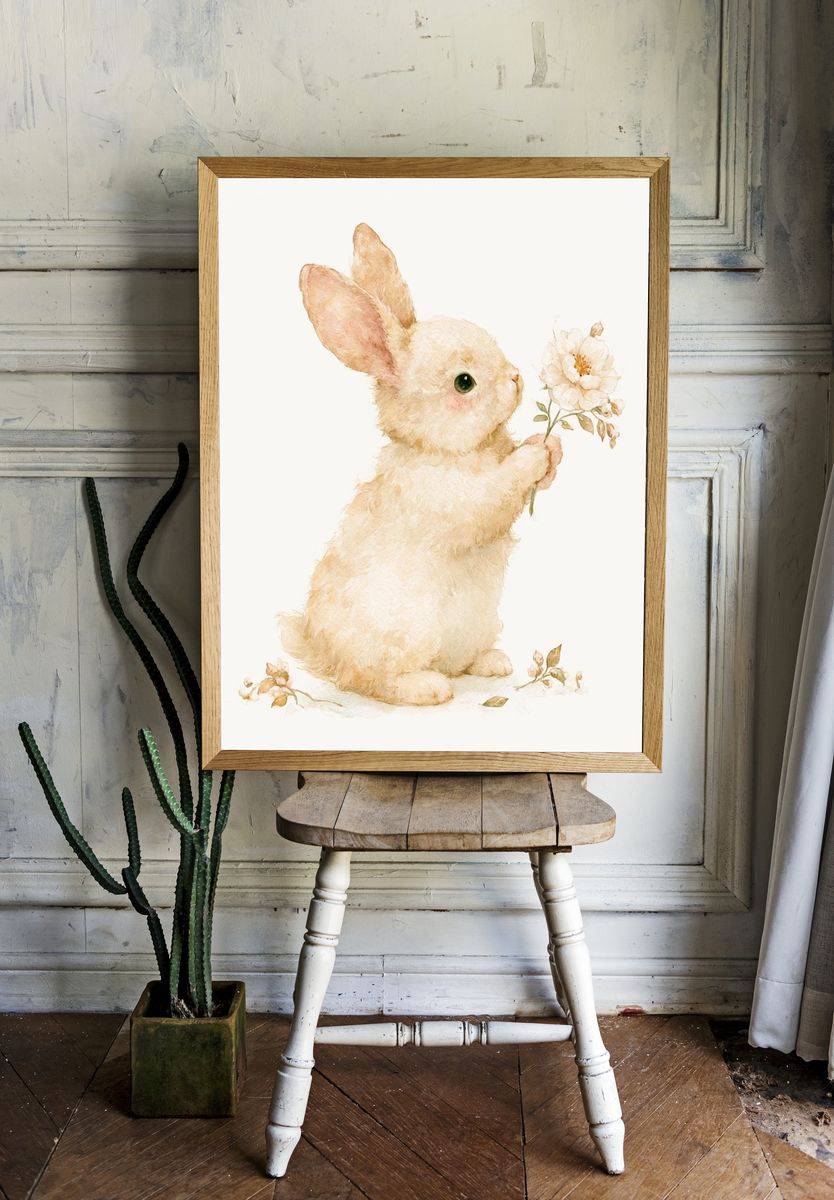 Bunny with Flower Watercolor Poster. room preview