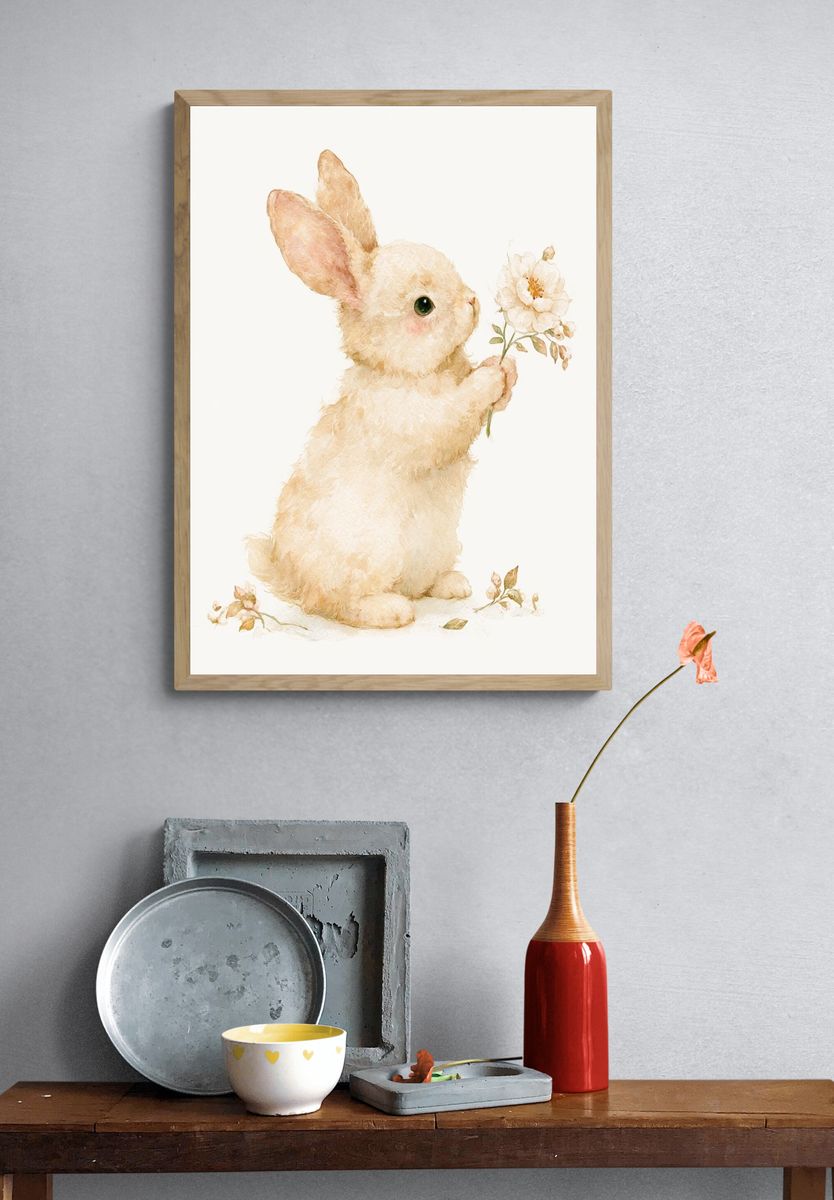Bunny with Flower Watercolor Poster. — room view 3