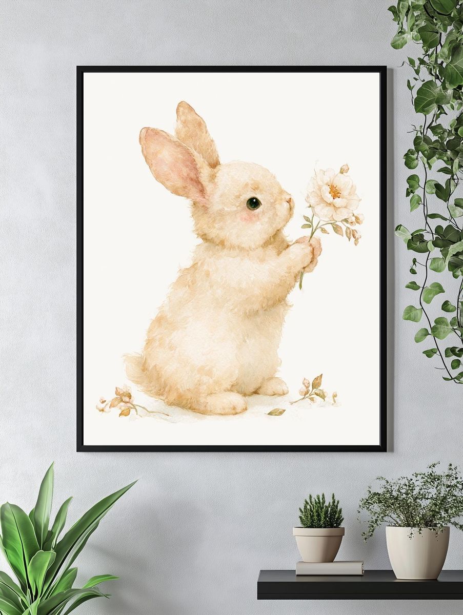 Bunny with Flower Watercolor Poster. — room view 4