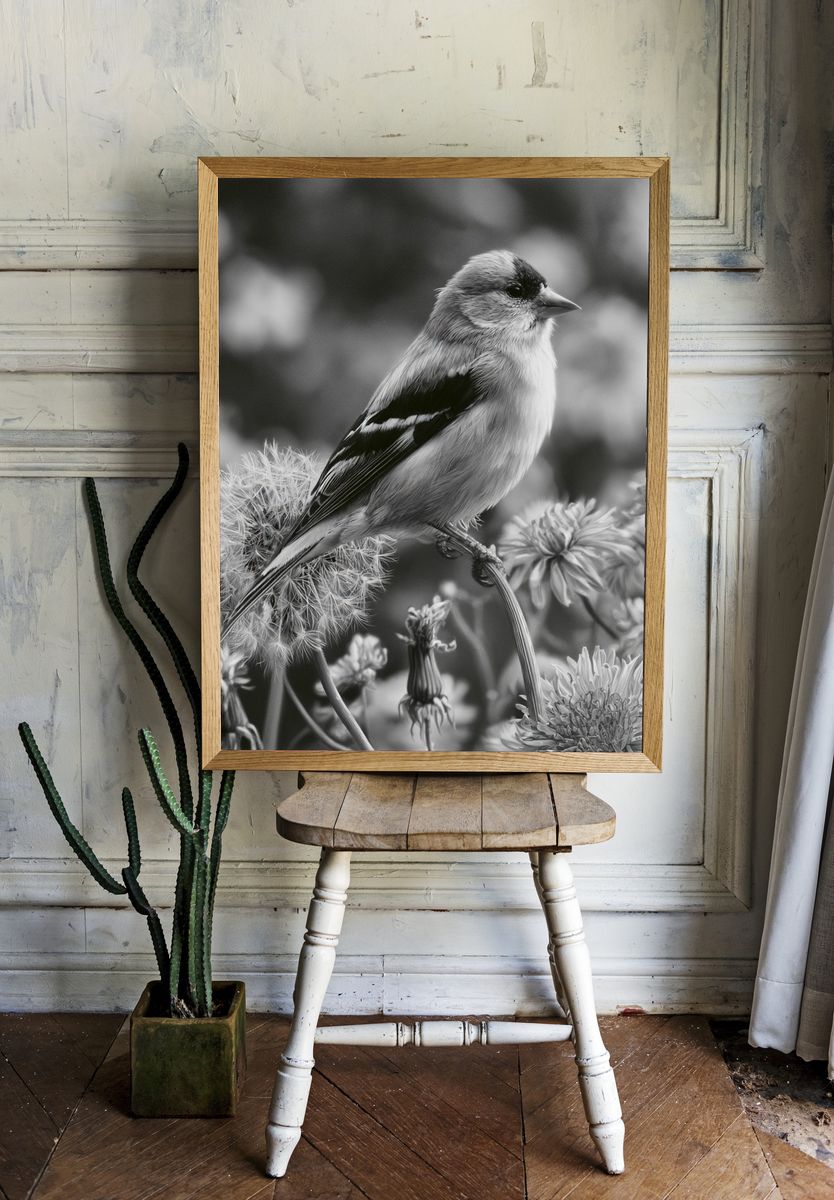 Songbird in Bloom Black-White Print. room preview