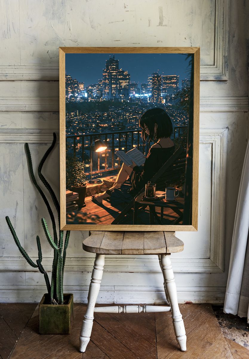 City Night Reading Illustration Poster. room preview