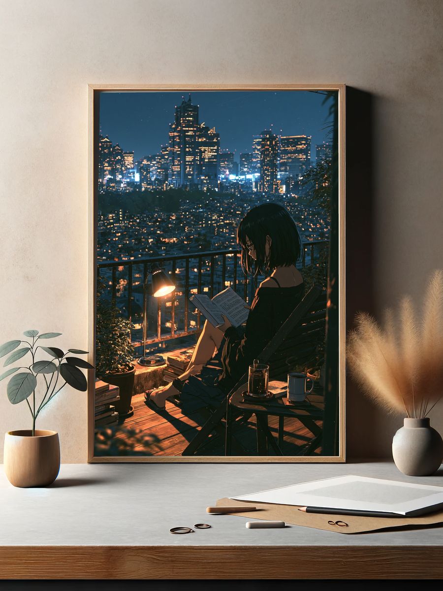 City Night Reading Illustration Poster. — room view 2