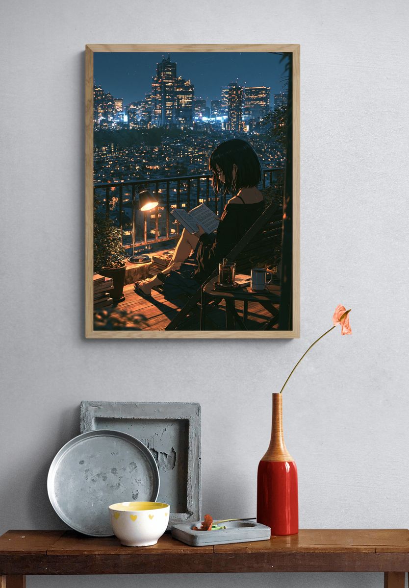 City Night Reading Illustration Poster. — room view 3