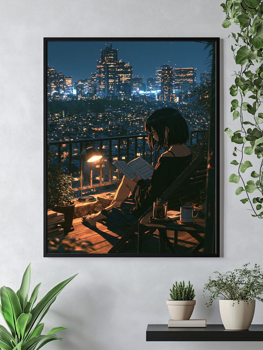 City Night Reading Illustration Poster. — room view 4
