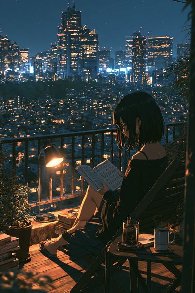 City Night Reading Illustration Poster.