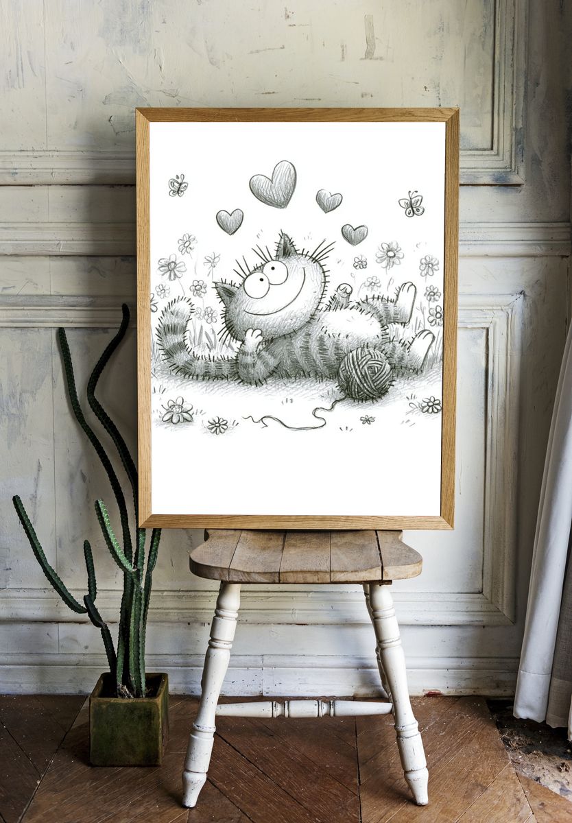 Playful Cat and Hearts Illustration Poster. room preview