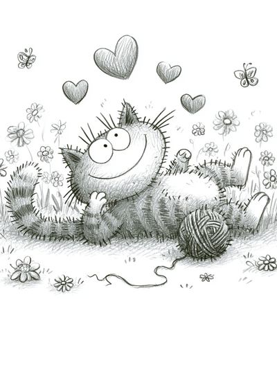 Playful Cat and Hearts Illustration Poster.