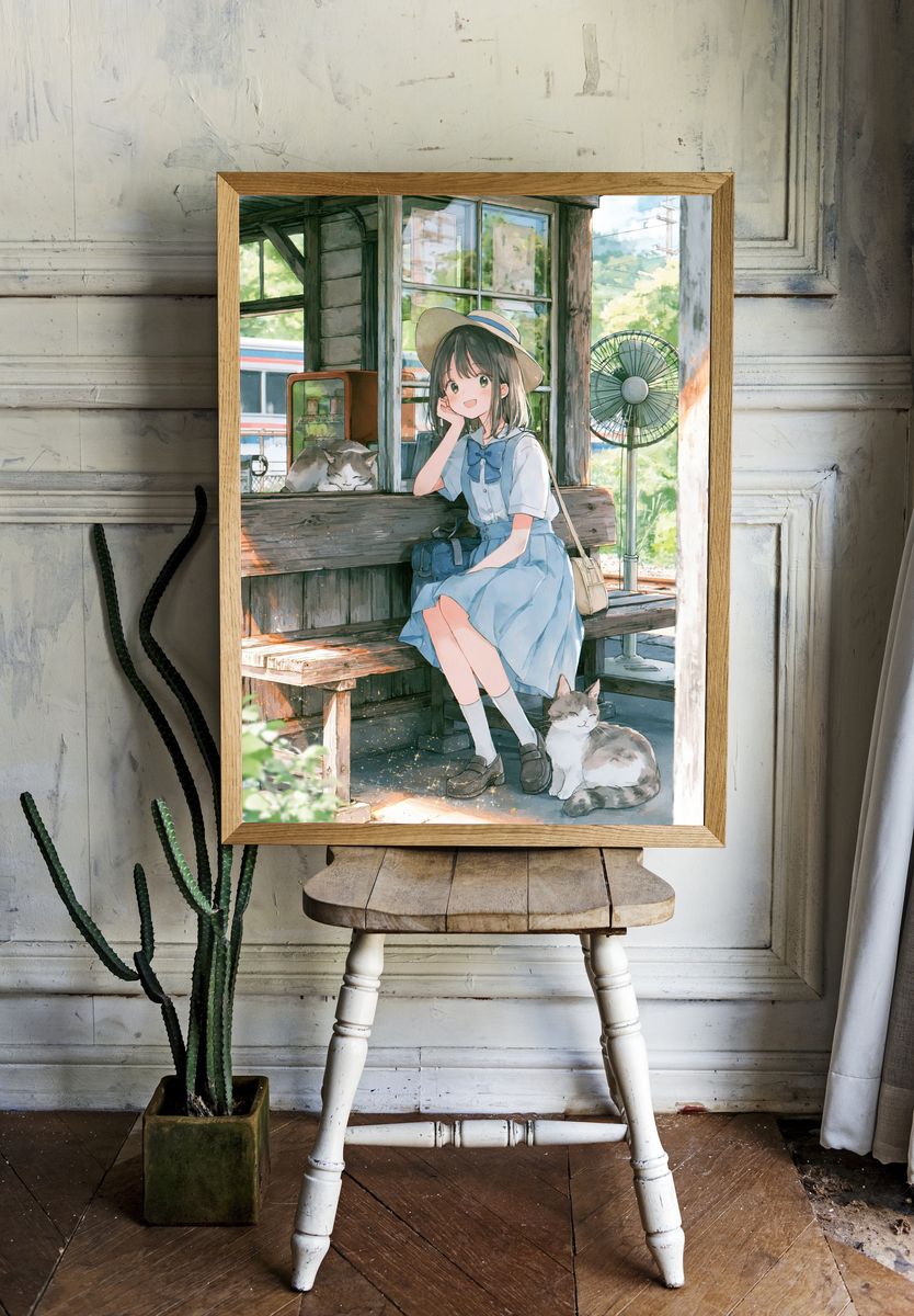 Girl and Cats Summer Anime Poster. room preview