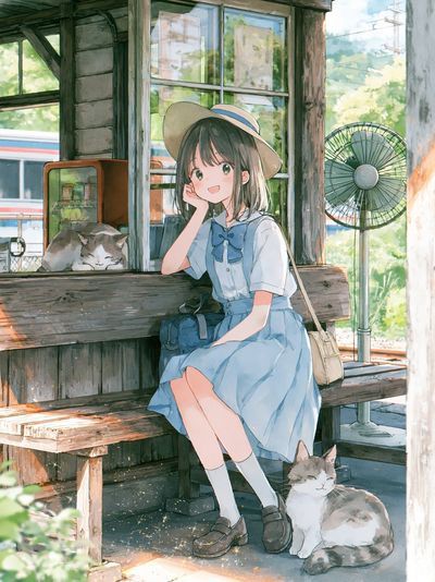 Girl and Cats Summer Anime Poster. poster